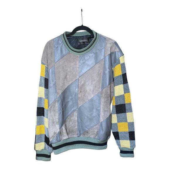 VTG 90s Saxony Leather Knit Sweater HipHop Coogi Style multicolor Texturized SzM - Picture 2 of 8